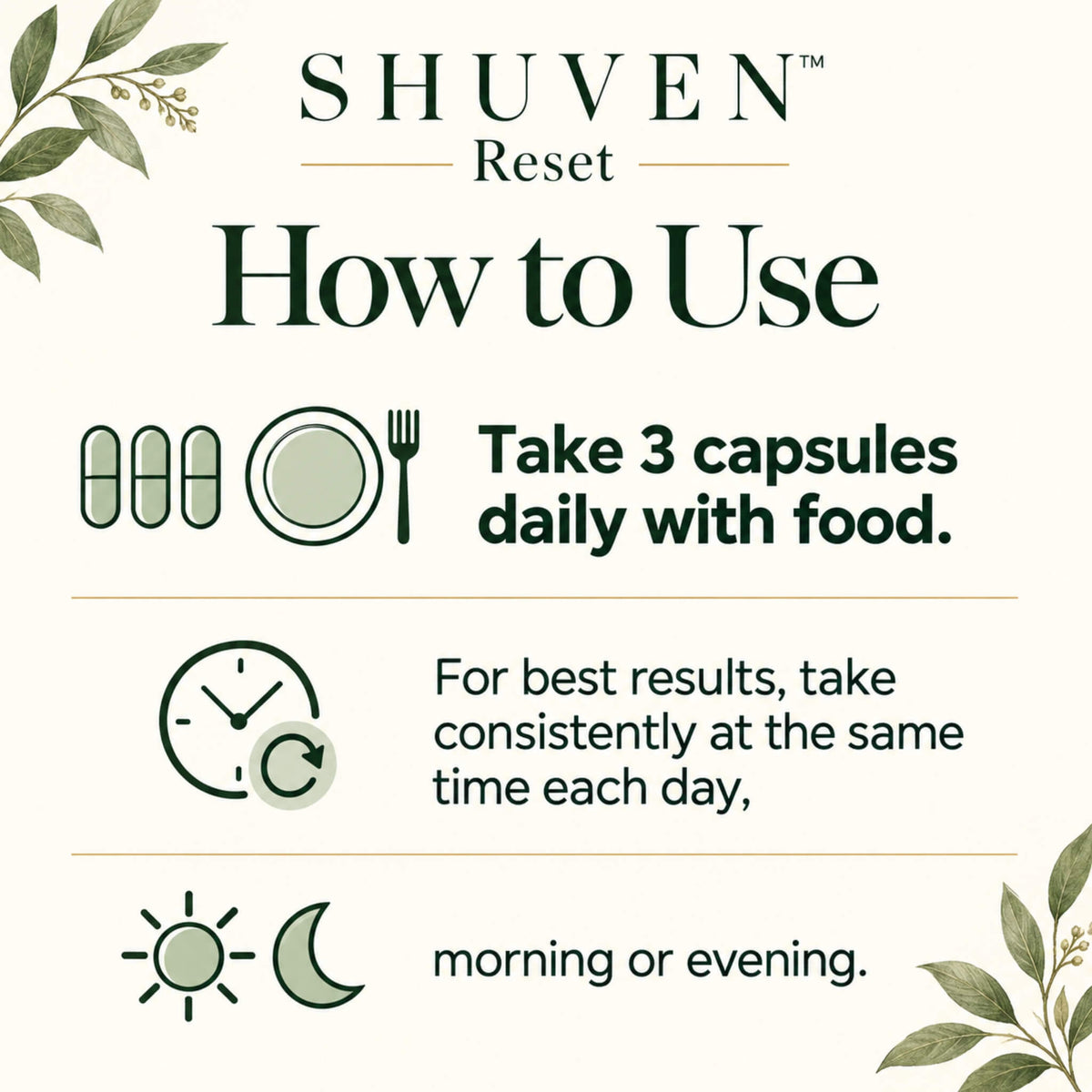 Shuven Reset how to use: take 3 capsules daily with food, morning or evening
