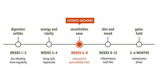 Gut healing timeline from digestive relief in weeks one to two through downstream symptoms by week twelve