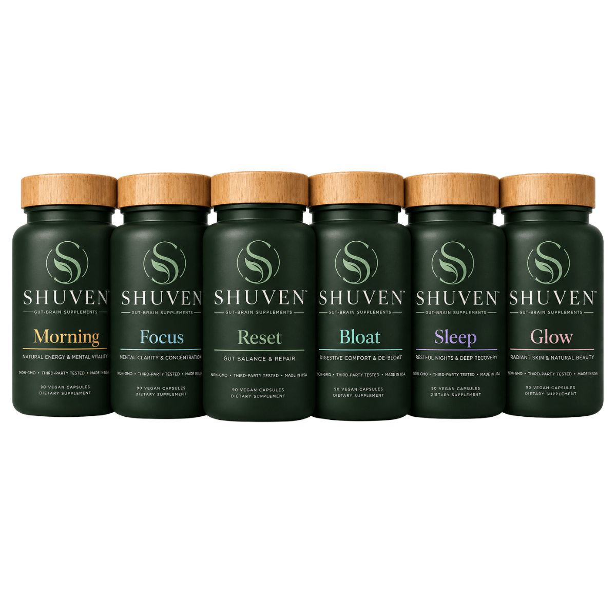 Six Shuven supplement bottles side by side: Morning, Focus, Reset, Bloat, Sleep, and Glow