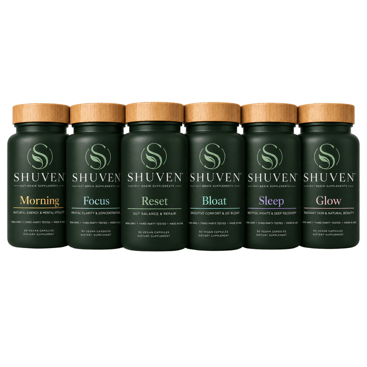 Six Shuven supplement bottles side by side: Morning, Focus, Reset, Bloat, Sleep, and Glow