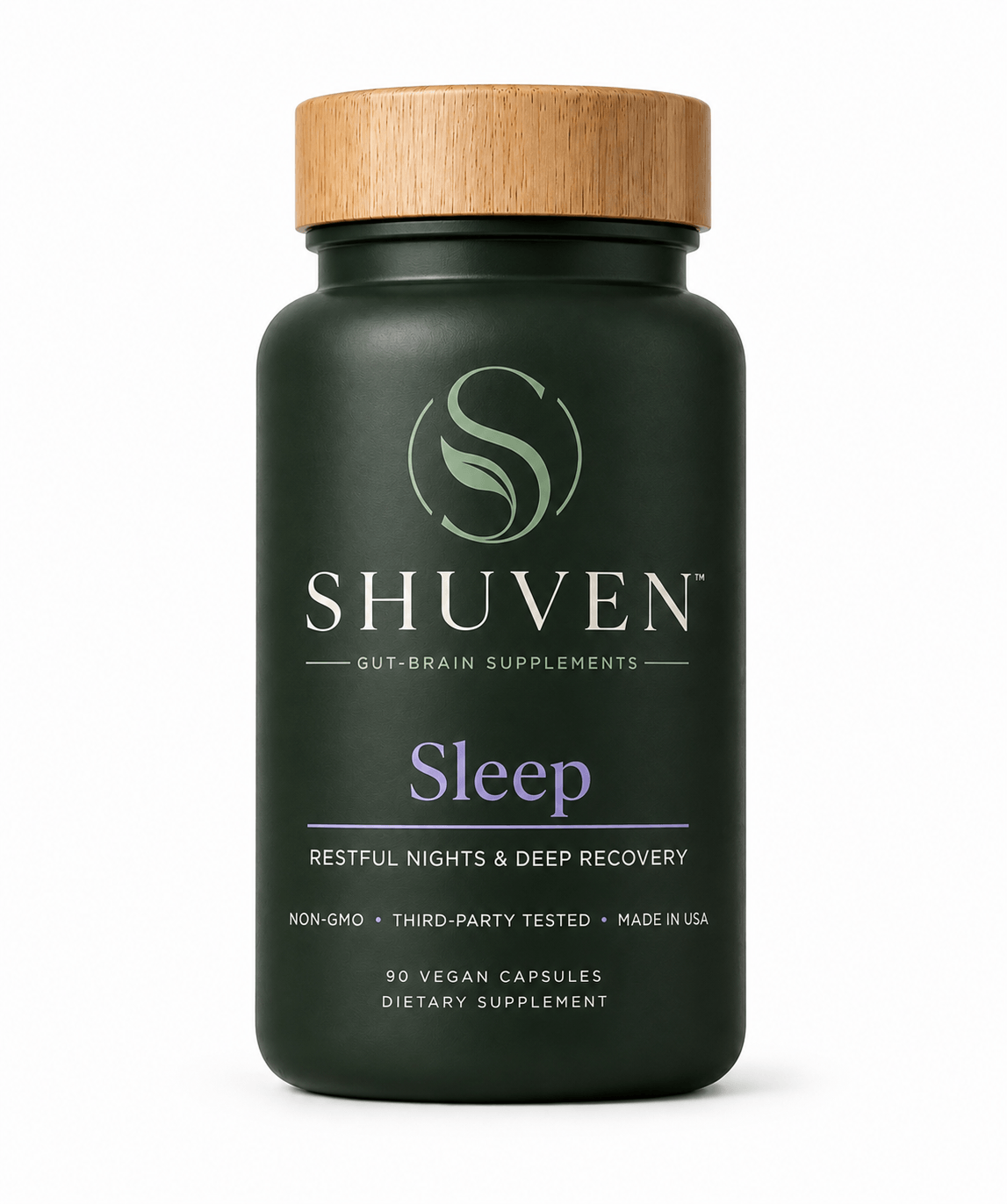 Shuven Sleep restful nights and deep recovery supplement, dark green bottle with bamboo lid, 90 vegan capsules