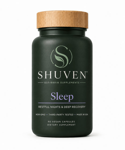 Shuven Sleep restful nights and deep recovery supplement, dark green bottle with bamboo lid, 90 vegan capsules