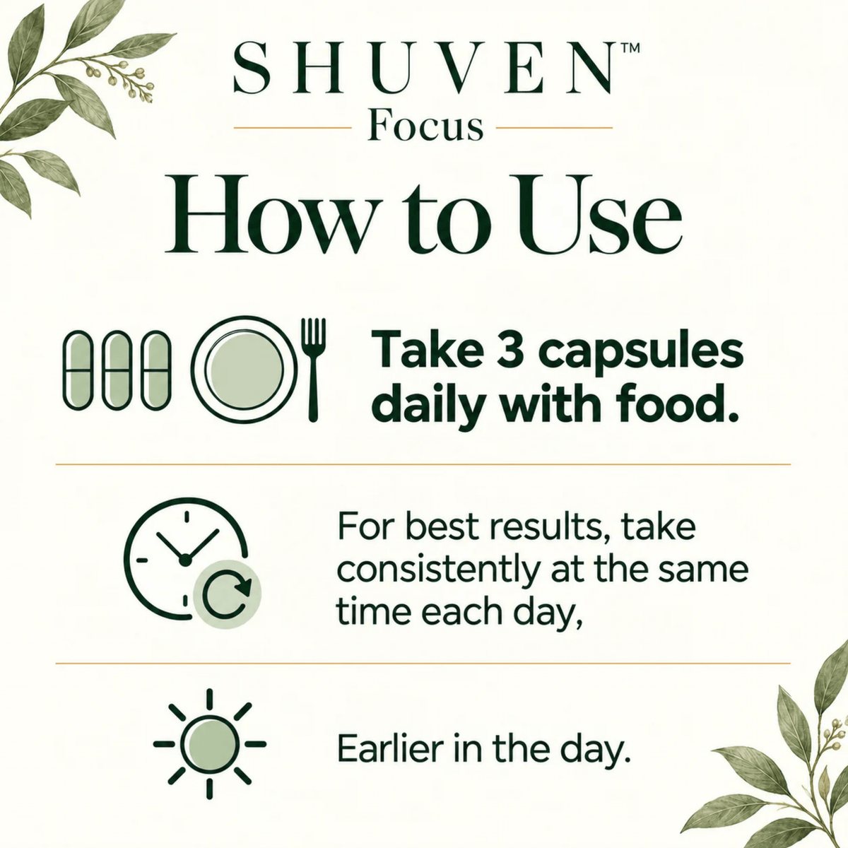 Shuven Focus how to use: take 3 capsules daily with food, morning or early afternoon