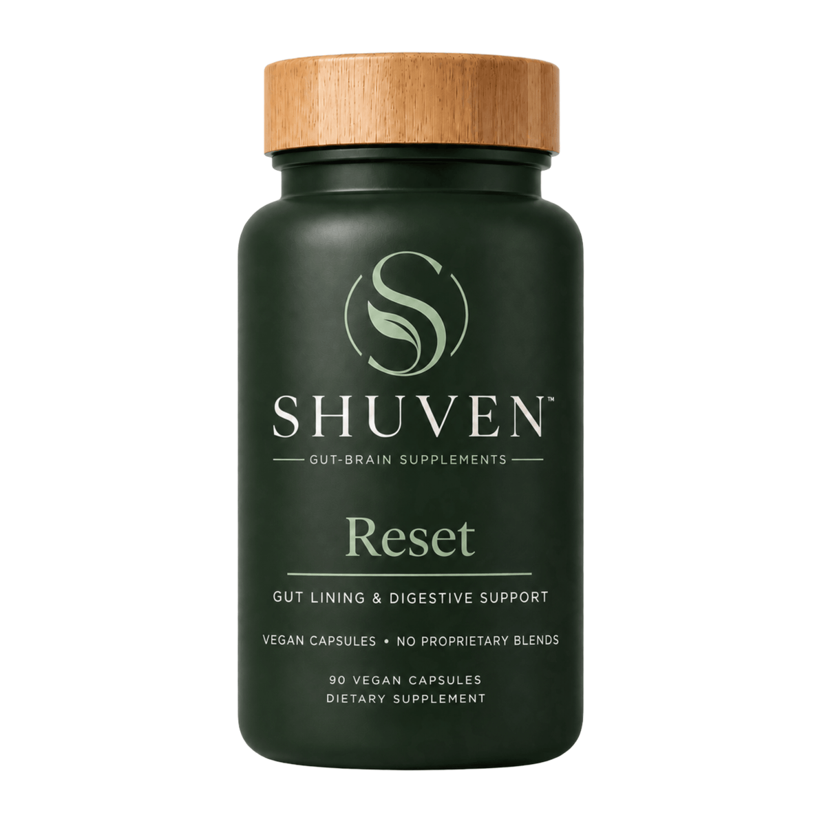 Shuven Reset gut lining and digestive support supplement bottle, dark green with bamboo lid, 90 vegan capsules