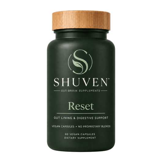 Shuven Reset gut lining and digestive support supplement bottle, dark green with bamboo lid, 90 vegan capsules