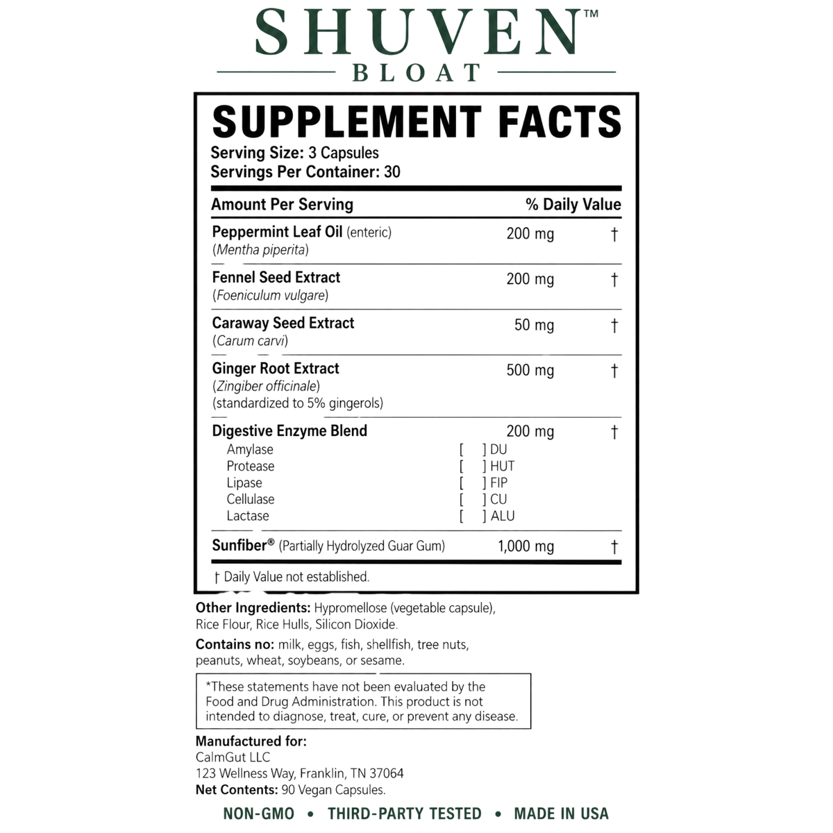 Shuven Bloat Supplement Facts panel showing full ingredient doses per 3-capsule serving