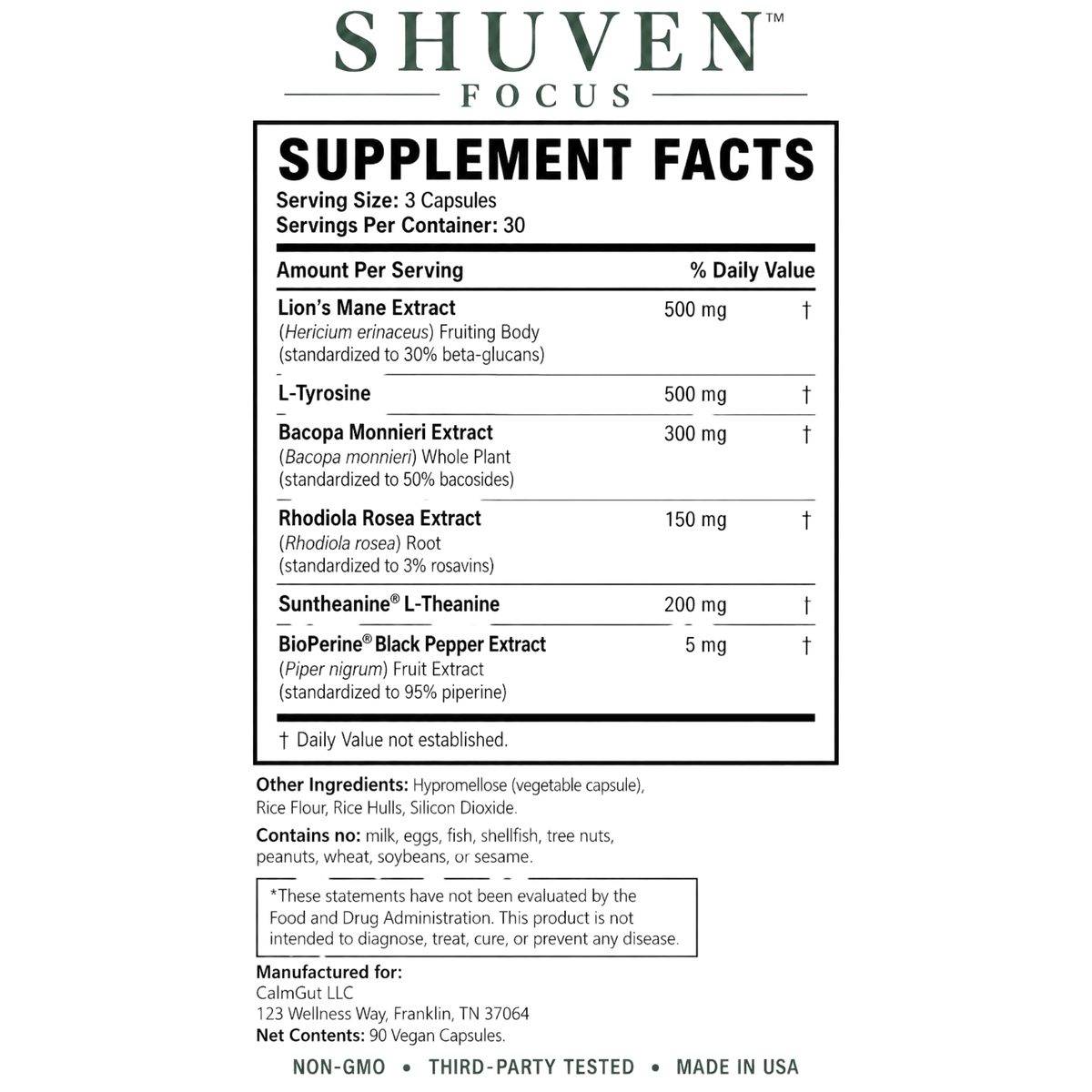 Shuven Focus supplement facts label listing Lion's Mane, L-Tyrosine, and BioPerine per 3-capsule serving