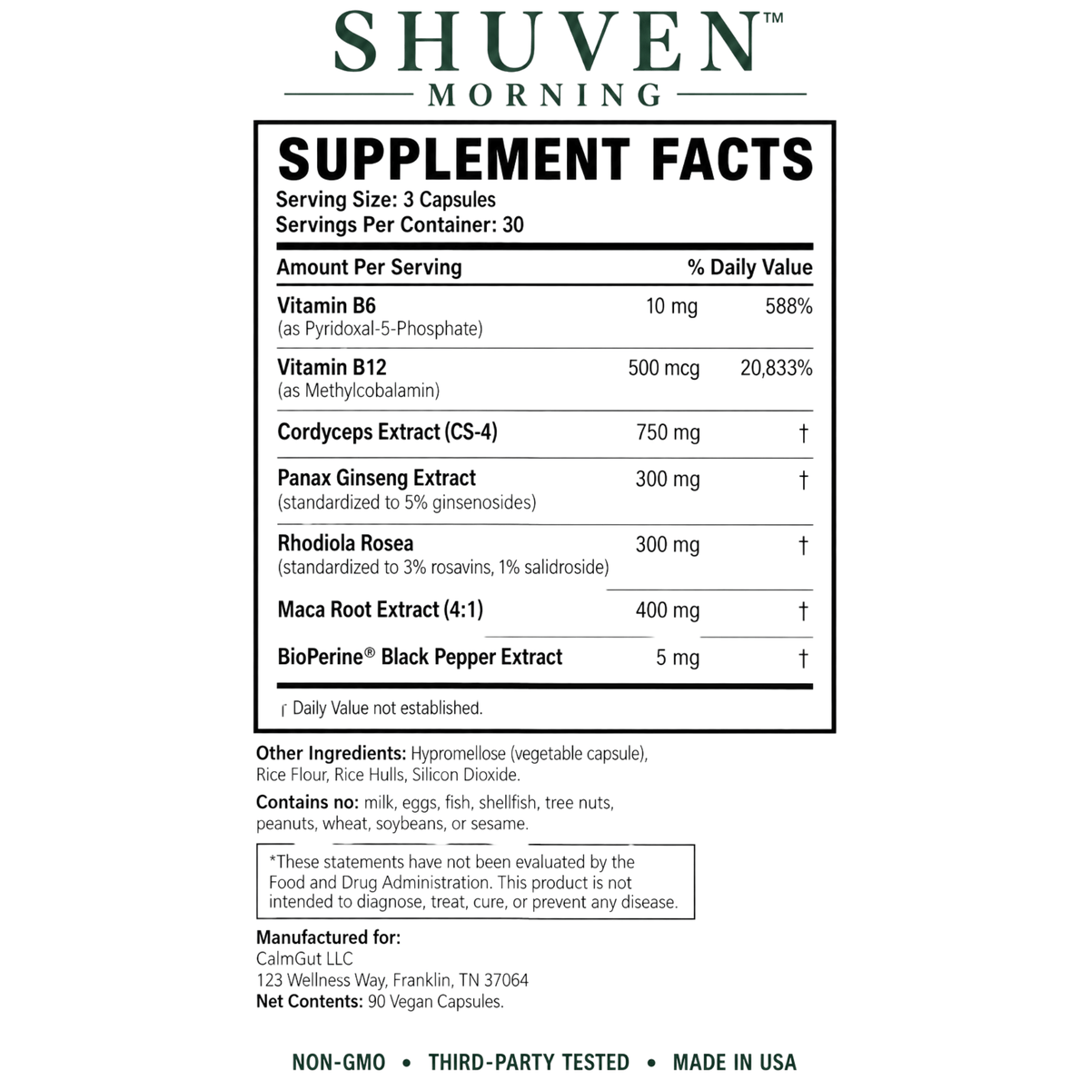 Shuven Morning supplement facts label: B6, B12, cordyceps CS-4, panax ginseng, rhodiola rosea, maca root, BioPerine