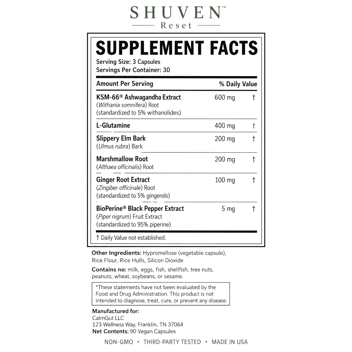 Shuven Reset supplement facts label listing KSM-66 ashwagandha, L-glutamine, slippery elm, marshmallow root, and ginger doses