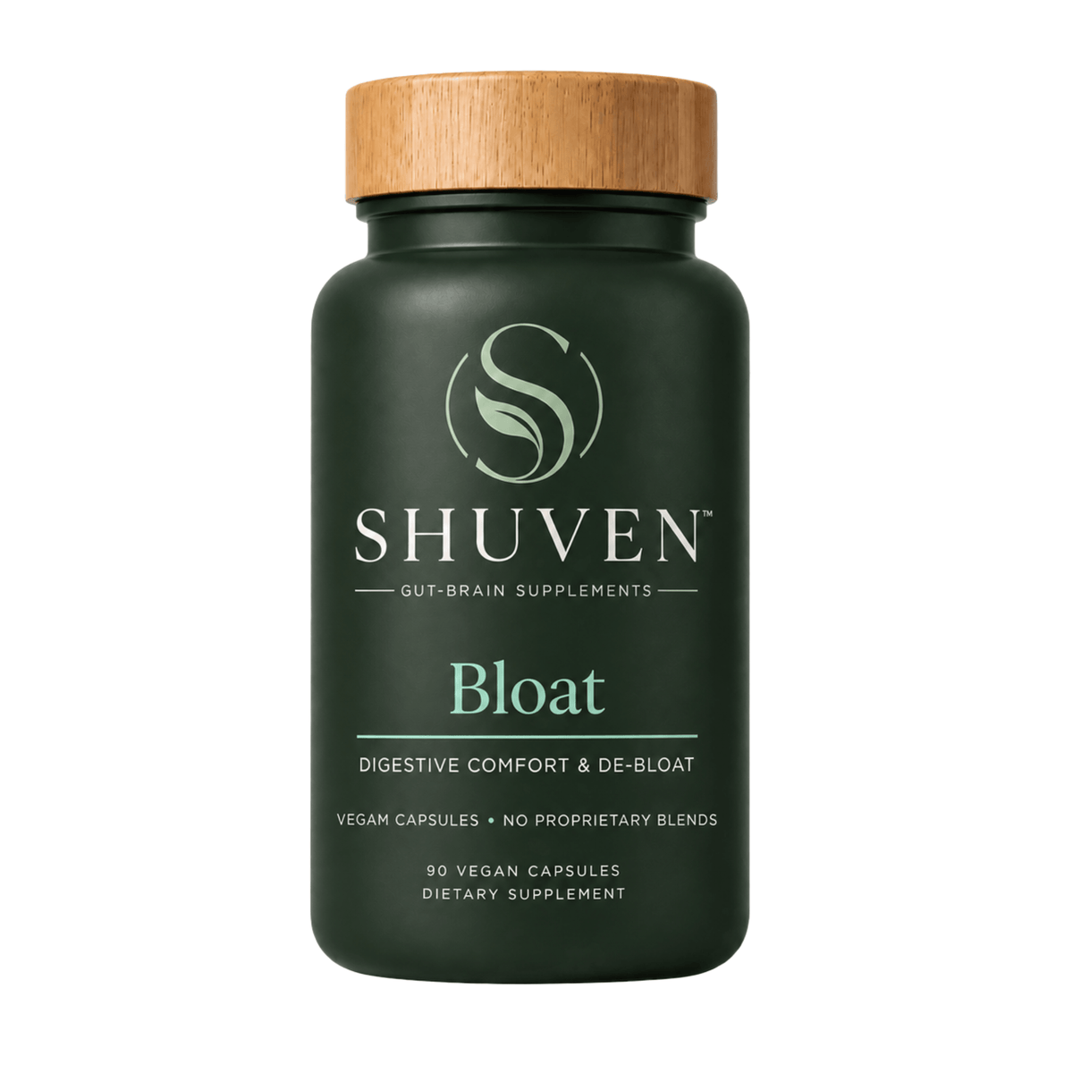 Shuven Bloat supplement bottle: green label, wooden cap, digestive comfort and de-bloat, 90 vegan capsules