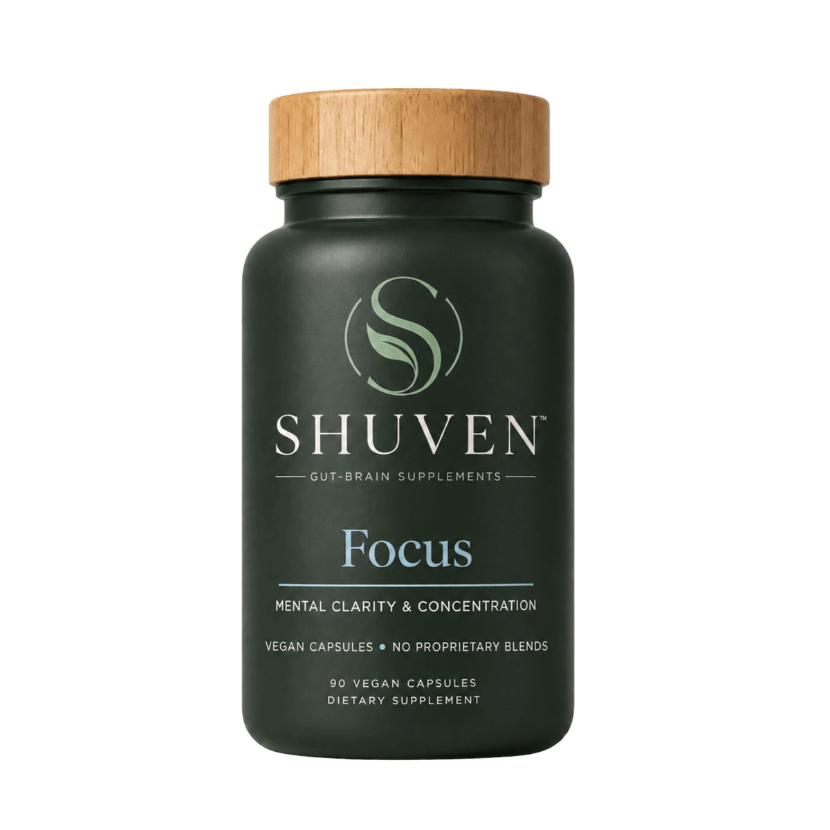 Shuven Focus mental clarity and concentration supplement, dark green bottle with bamboo lid, 90 vegan capsules