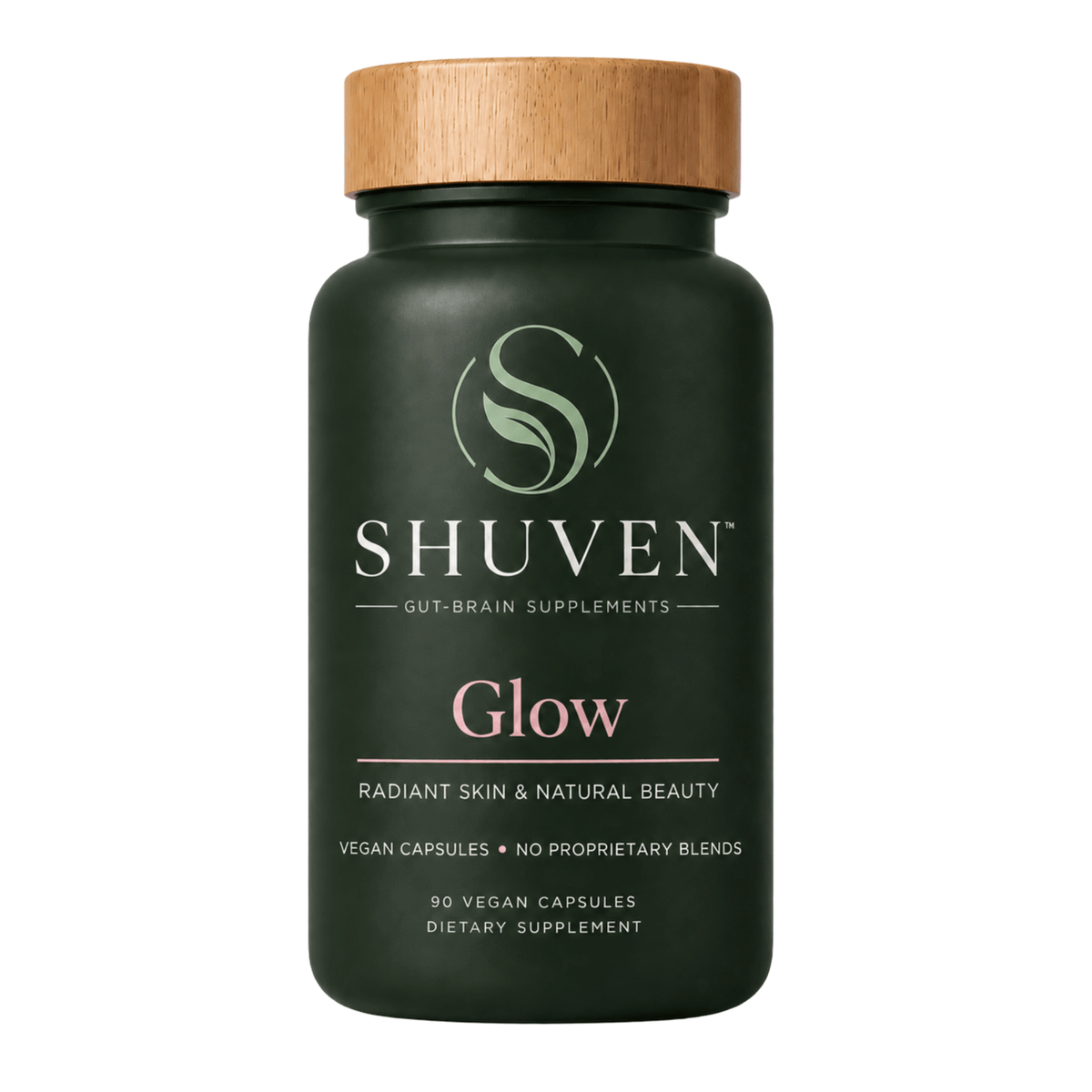 Shuven Glow radiant skin and natural beauty supplement, dark green bottle with bamboo lid, 90 vegan capsules