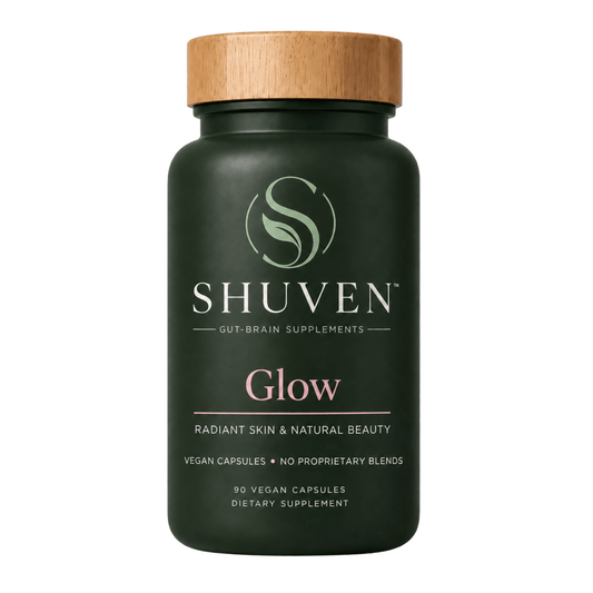 Shuven Glow radiant skin and natural beauty supplement, dark green bottle with bamboo lid, 90 vegan capsules