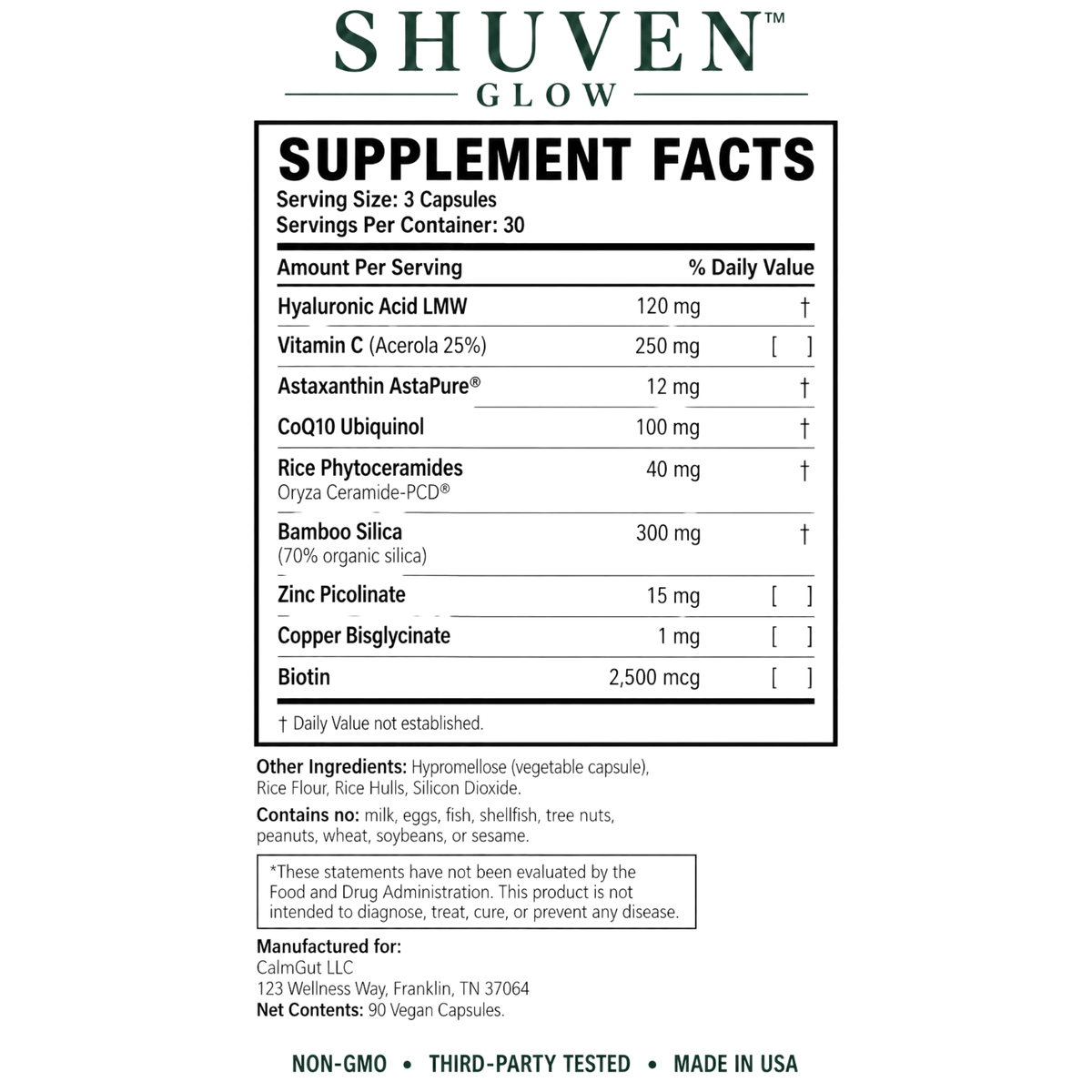 Shuven Glow supplement facts label: hyaluronic acid, vitamin C, astaxanthin, CoQ10, ceramides, bamboo silica, zinc, biotin
