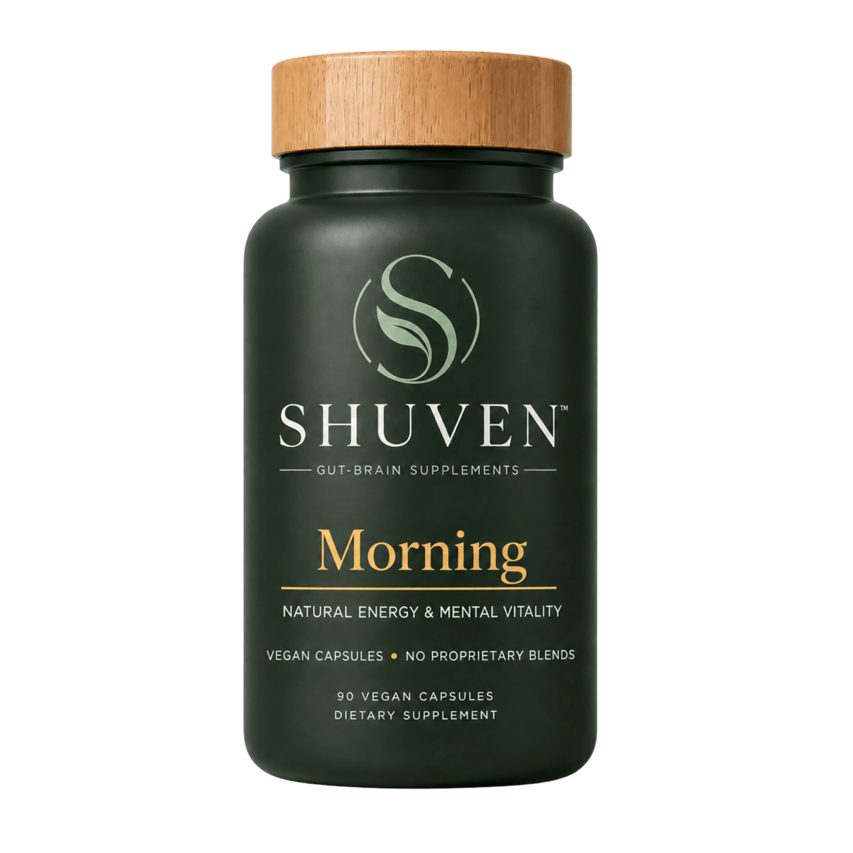 Shuven Morning energy and digestion supplement bottle with cordyceps, Panax ginseng, and rhodiola