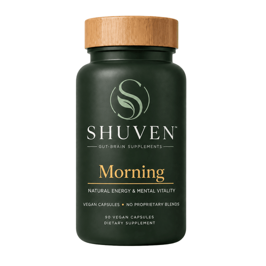 Shuven Morning energy and digestion supplement bottle with cordyceps, Panax ginseng, and rhodiola
