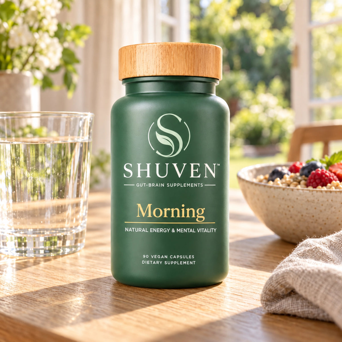 Shuven Morning supplement bottle on table with water glass and berry breakfast bowl