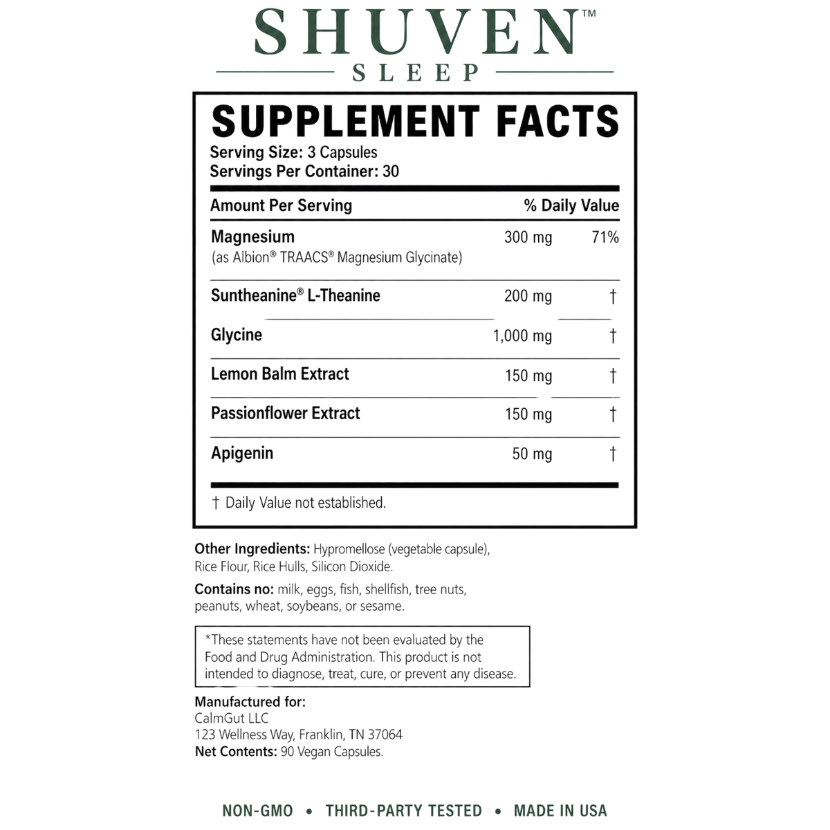 Shuven Sleep supplement facts label: magnesium glycinate, L-theanine, glycine, lemon balm, passionflower, apigenin