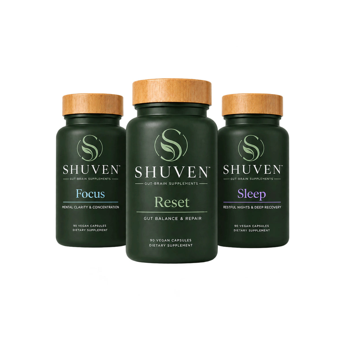 Shuven Starter Bundle: three dark green bottles of Focus, Reset, and Sleep gut-brain supplements, 90 vegan capsules each