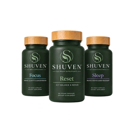 Shuven Starter Bundle: three dark green bottles of Focus, Reset, and Sleep gut-brain supplements, 90 vegan capsules each