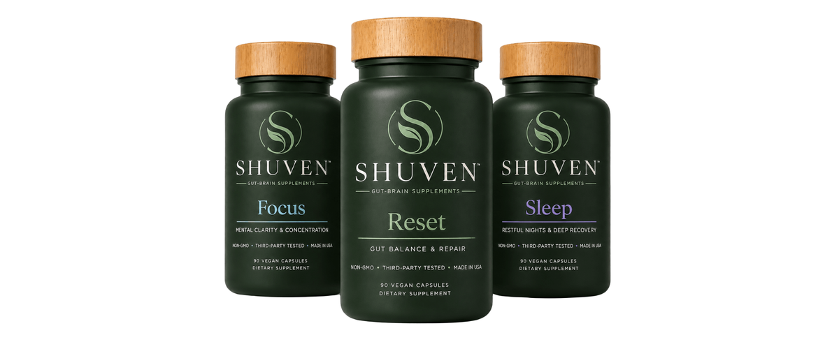 Shuven Focus, Reset, and Sleep supplement bottles, dark green with bamboo lids